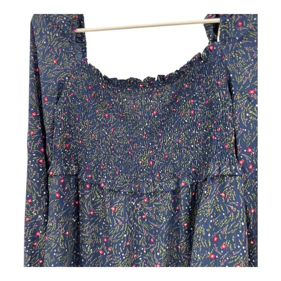 Umgee Womens Floral Print Smocked Front Peasant Top Blouse Navy & Pink SZ M - Picture 7 of 9